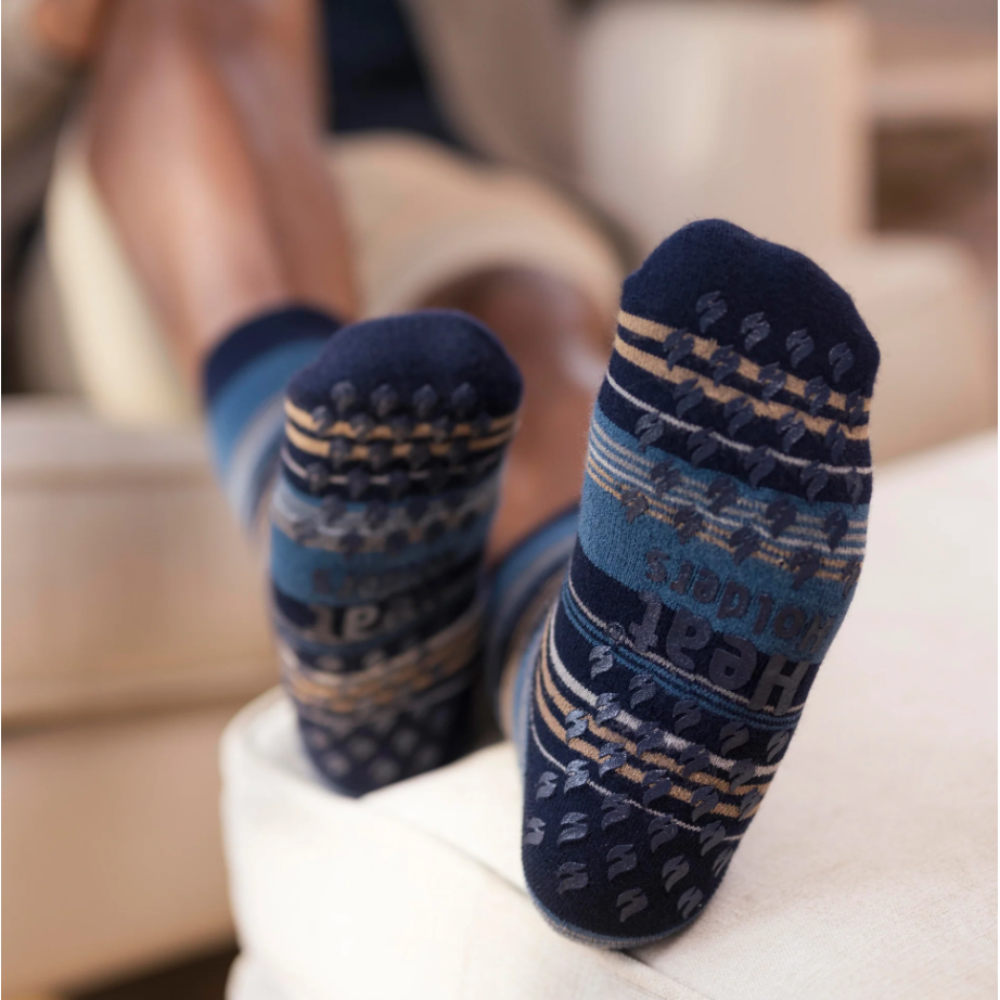 1 Pair Mens Heat Holders Raynaud's Thermal Slipper Socks - Navy Stripe