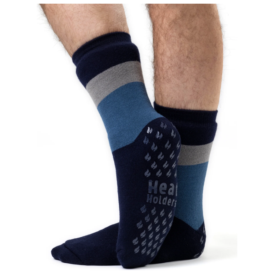 1 Pair Mens Heat Holders Raynaud's Thermal Slipper Socks - Navy Block Stripe