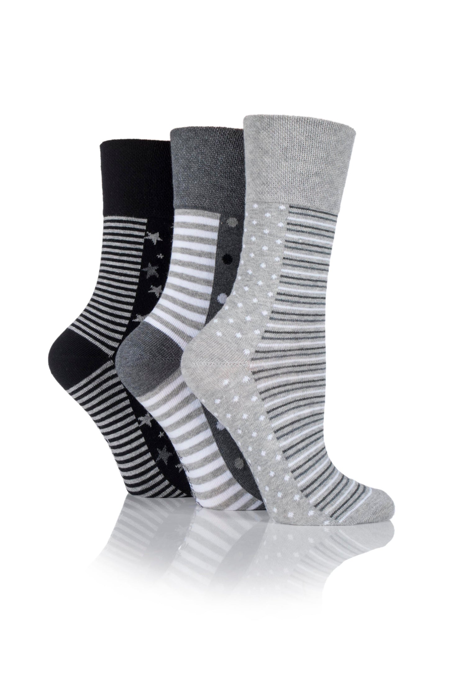 12 Pairs Ladies Plus Size Gentle Grip Socks - Mono Spot & Stripe