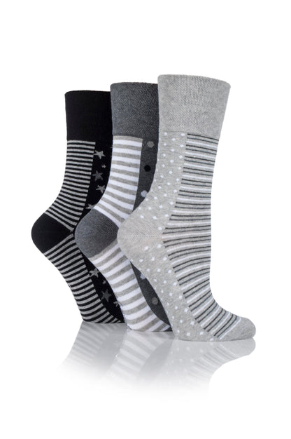 12 Pairs Ladies Plus Size Gentle Grip Socks - Mono Spot & Stripe