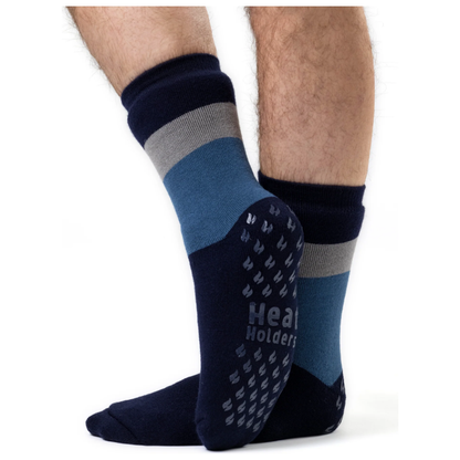 1 Pair Mens Heat Holders Raynaud's Thermal Slipper Socks - Navy Block Stripe