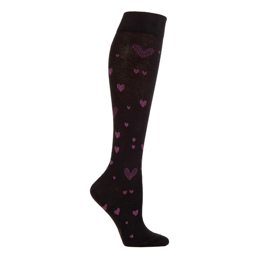 1 Pair Ladies Compression Flight Socks - Black with Pink Hearts