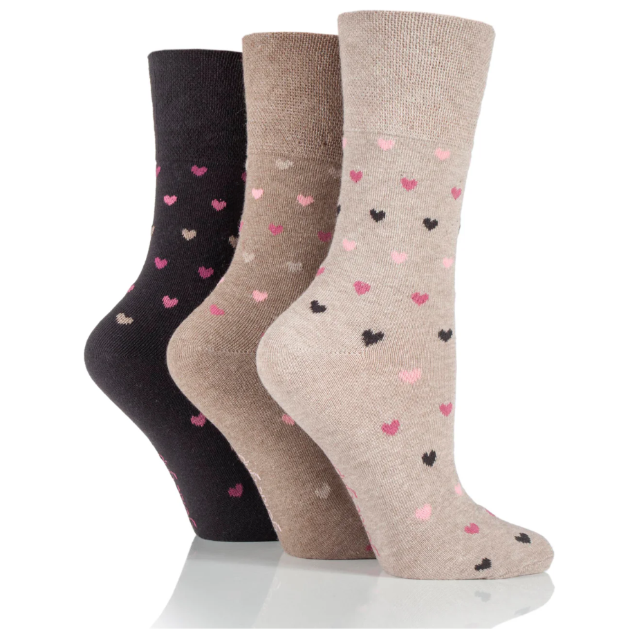 12 Pairs Ladies Gentle Grip Socks - Neutral Hearts