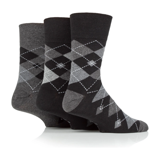 12 Pairs Mens Gentle Grip Socks - Argyle Leven Black/Charcoal