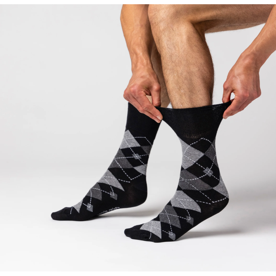 12 Pairs Mens Gentle Grip Socks - Argyle Leven Black/Charcoal