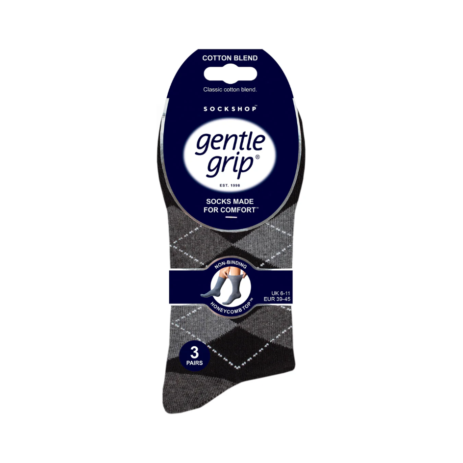 12 Pairs Mens Gentle Grip Socks - Argyle Leven Black/Charcoal