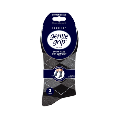 12 Pairs Mens Gentle Grip Socks - Argyle Leven Black/Charcoal