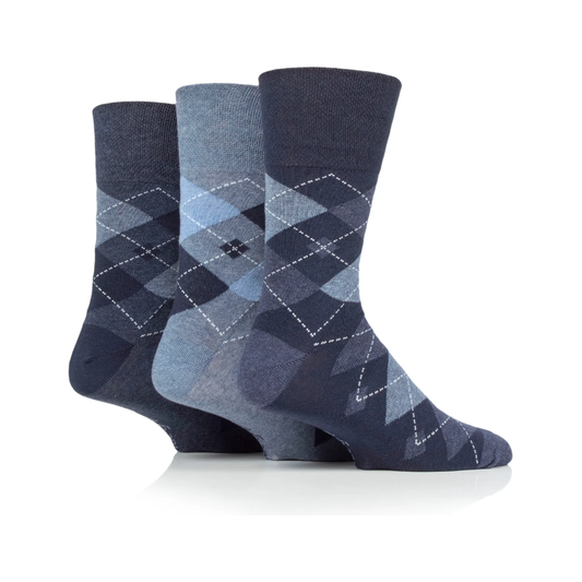 12 Pairs Mens Gentle Grip Socks - Argyle Leven Navy/Denim