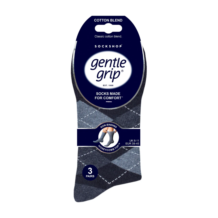 12 Pairs Mens Gentle Grip Socks - Argyle Leven Navy/Denim